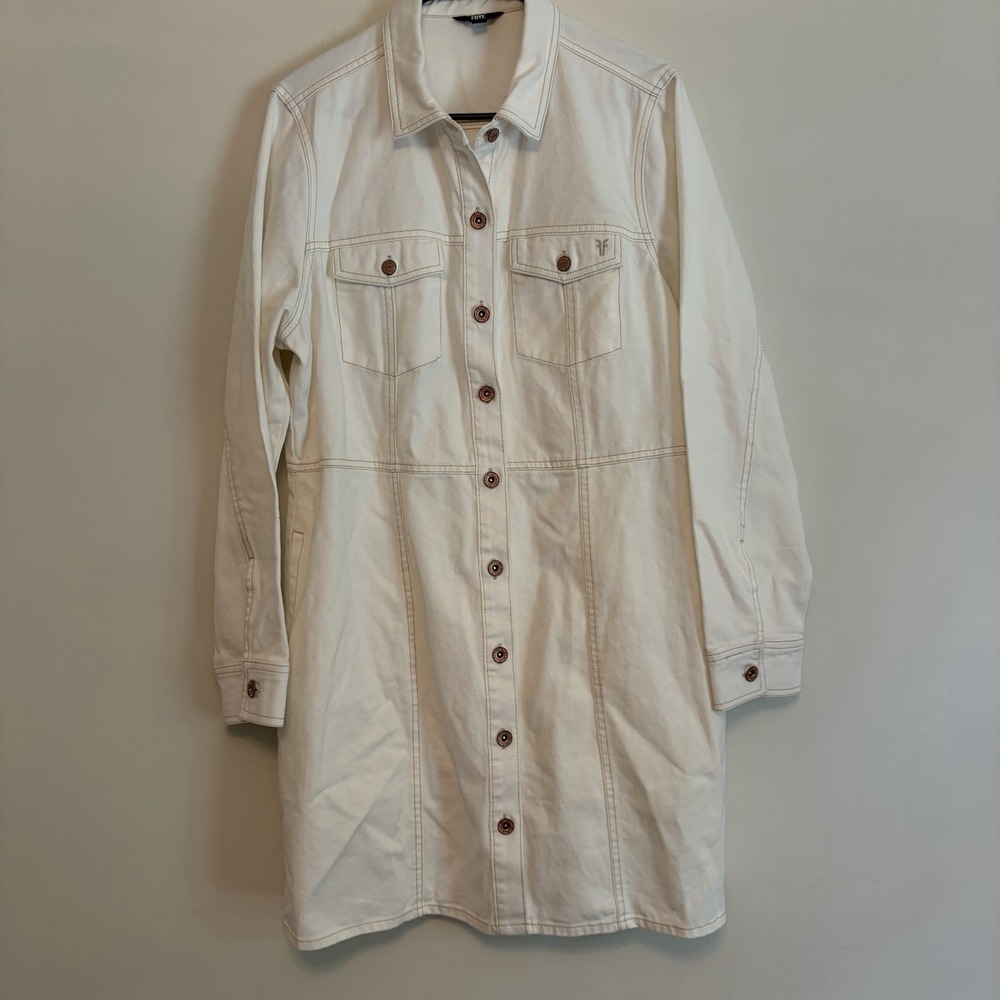 Frye Women's‎ 100% Cotton Form Fitting Buttons Pockets Mini Denim Dress XL Bone